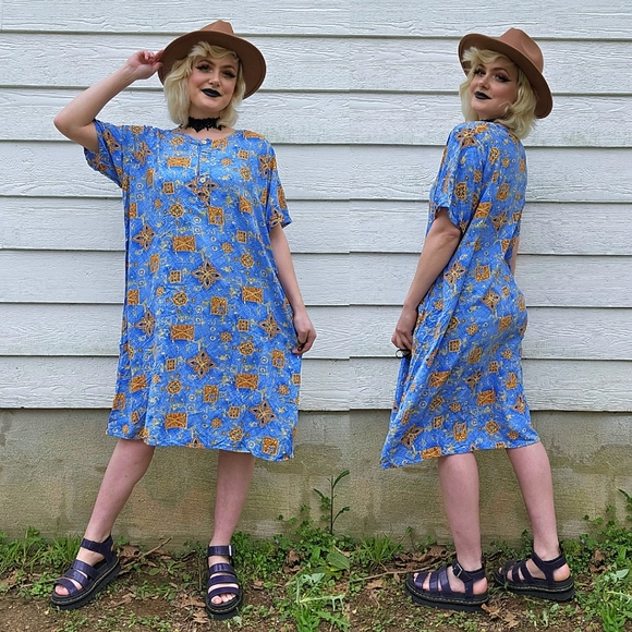 Dresses & Skirts - Vintage Indian Baby Blue & Orange Spring Summer Casual Hippie Boho Sun Dress